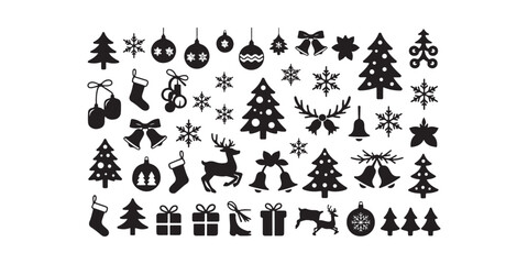 A collection of various christmas themed black silhouette icons on a white background