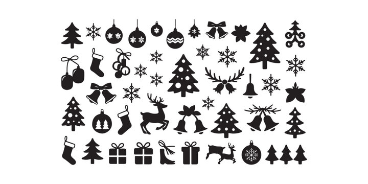 A collection of various christmas themed black silhouette icons on a white background