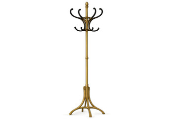 Elegant vintage coat rack with gold stand and black hooks, isolated on transparent background, perfect for interior design projects
