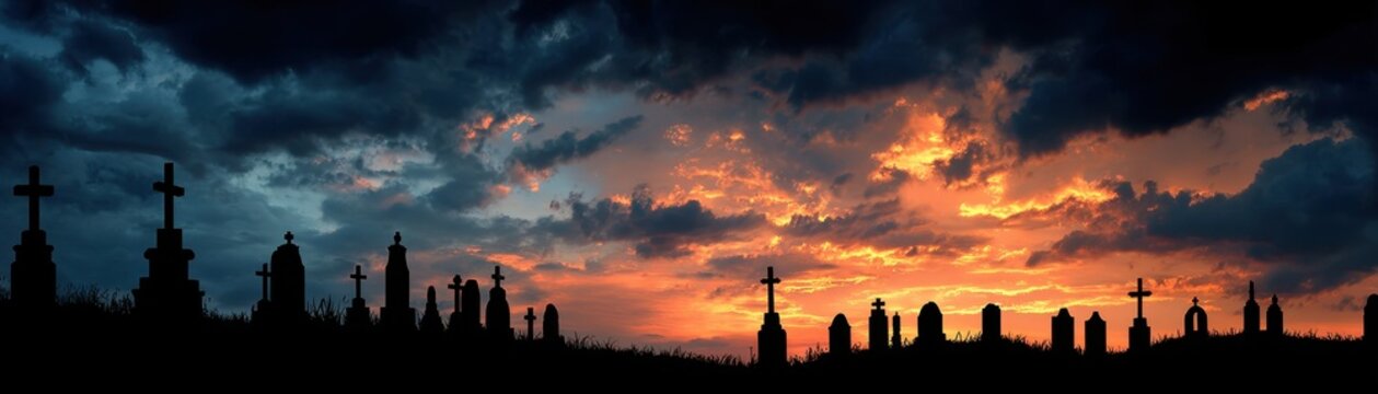 Sunset over graveyard cemetery landscape photography dramatic sky silhouette perspective serene reflection