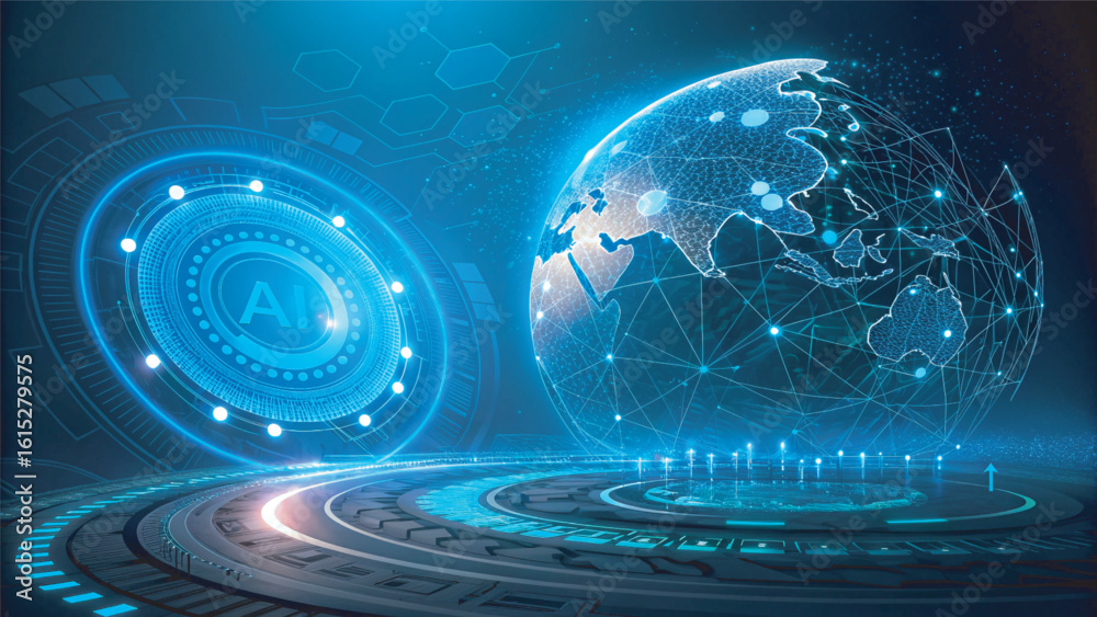 Wall mural futuristic technology background with glowing circle mesh and blue neon light effect. future world b