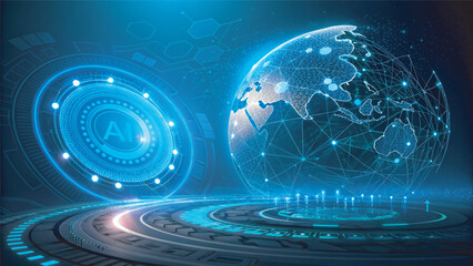 Futuristic technology background with glowing circle mesh and blue neon light effect. Future world backdrop design concept powered by AI artificial intelligence.