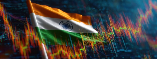 Indian flag waving with stock market graphs illustrating economic trends and performance