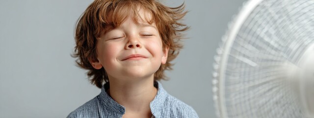 Young boy enjoying cool air from a fan during a warm afternoon at home while wearing a casual blue shirt