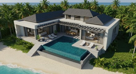 Fototapeta premium A contemporary, single-story beachfront villa with a dark gray roof, infinity pool, and expansive outdoor living spaces nestled amongst lush tropical vegetation
