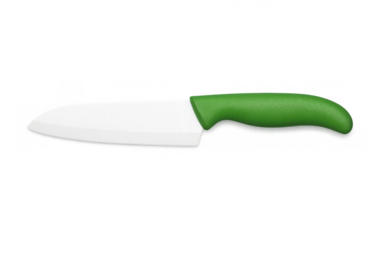 Ceramic kitchen knife featuring sleek green handle, resting against clean white surface, ready for precise culinary tasks