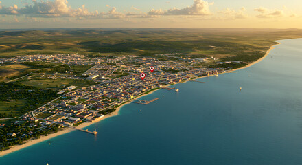 Panoramic Coastal Cityscape at Sunset with Location Markers and Lush Hinterland