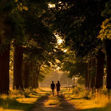 Couple's Stroll under Canopy: A loving couple walks hand-in-hand along a sun-dappled pathway beneath a canopy of lush trees. The scene whispers of shared journeys and tranquil moments.