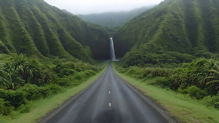 Lush green valley road leads to misty waterfall.  Dense foliage flanks a paved highway, with a dramatic waterfall at the end of the road