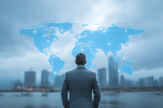 A businessman in a suit stands facing a blurred cityscape with a glowing digital world map displaying interconnected global data points