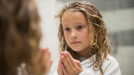 Young child with wet hair gazes thoughtfully in mirror during morning routine application of skincare products