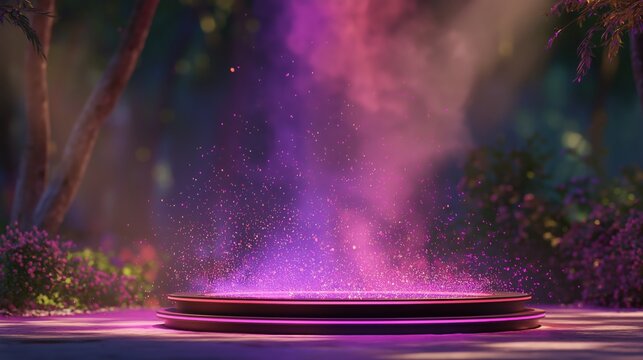 Mystical portal of vibrant purple light emanating from a forest floor stage - Powered by Adobe