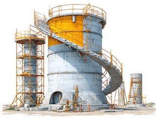 Obraz premium Industrial complex showing concrete tanks with exterior spiral staircases for maintenance and access on site.