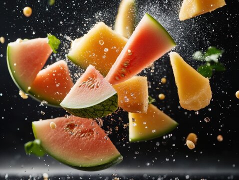 Fresh watermelon and cantaloupe pieces burst in mid-air with splashes of water against a dark background