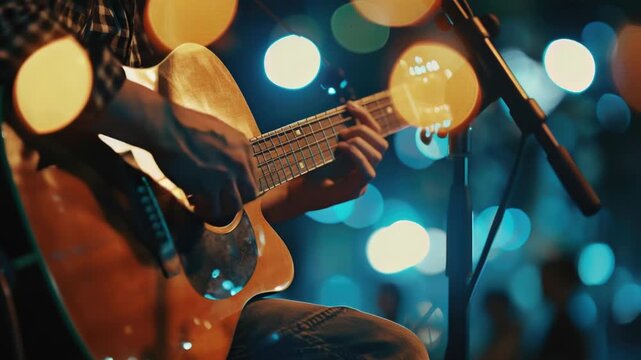 A musician performing live with his instrument and amplification equipment