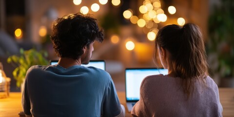 happy couple using laptop together