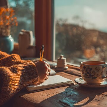 Cozy Writing Moment: A person, illuminated by natural light, engages in introspective journaling, accompanied by a warm beverage, capturing a scene of calm creativity and comfort.