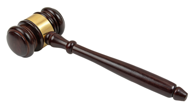 Gavel auction judge court law legal wooden justice hammer authority decision symbol government isolated on transparent background
