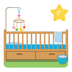 A crib with a cartoon-style carousel isolated on a white background