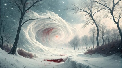 Enchanted winter forest with swirling snow vortex