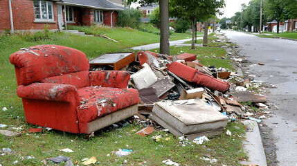 Discarded furniture and debris littering a residential street.  A dilapidated red armchair is prominently featured amongst a pile of trash, including sofas, boxes, and other discarded items