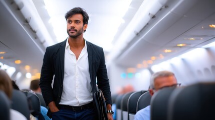 man walking in business class in plane