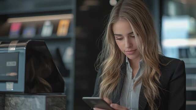 Young Professional and the Technology: A young professional woman, engrossed in a tablet, demonstrating the seamless integration of technology and modern work life.