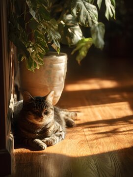 Cozy Corner Cat: A domestic cat relaxes in a sunlit interior space, basking in the warmth while positioned near a decorative plant, conveying an atmosphere of domestic tranquility.