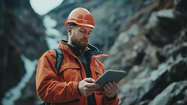 Engineering Data Examination: A focused engineer, donned in workwear, meticulously examines project data on a digital tablet, immersed within the rugged grandeur of a natural rock formation.