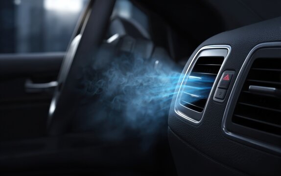 Car air conditioning system disperses cool air in a vehicle interior on a warm day in city