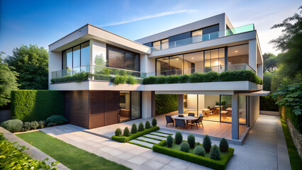 Fototapeta premium Minimalist modern duplex with partitioned garden and flat roof design 