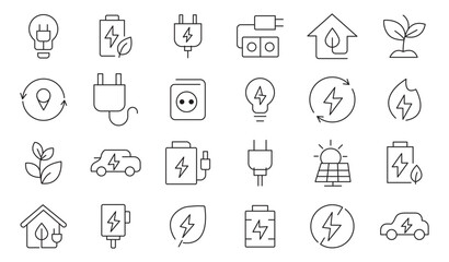 Electricity, electrical energy line icon set. Electric plug, light, bulb, power, button, battery, high, solar, lightning, wind and power lines. Vector illustration. Editable stroke 