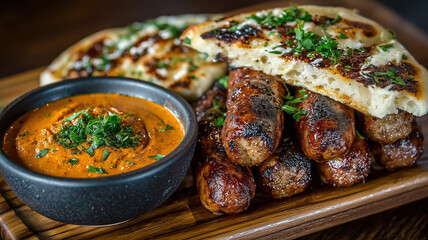 Grilled Meat Dish with Flatbread and Sauce on Wooden Board