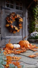 Rustic autumn porch with pumpkins and leaf wreath decor