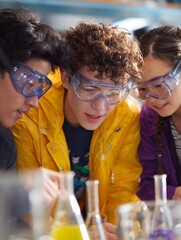 Science Study Together: A diverse group of enthusiastic students is focused intently in a laboratory, observing experiments with glasses on, representing teamwork and the pursuit of knowledge.