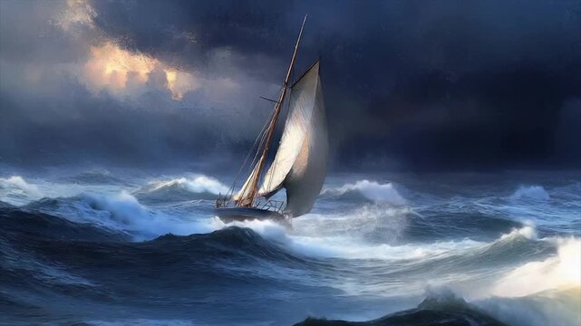 A lone sailboat bravely navigates tumultuous waves during a dramatic storm, sunlight peeking through ominous clouds