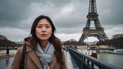A young Asian woman poses confidently in front of the Eiffel Tower against a moody sky.