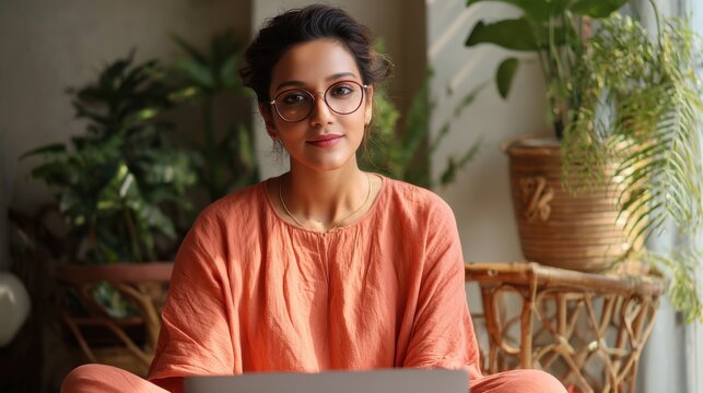 young woman working in sunlight home office