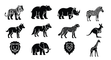 Naklejka premium Vector silhouette illustration a collection of diverse animal silhouettes including a wolf, cheetah, and hyena on white