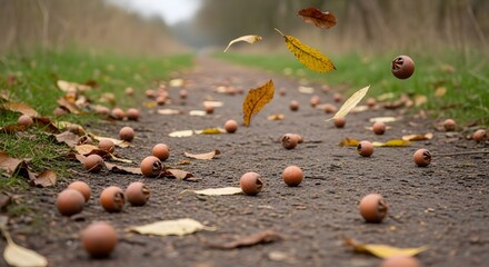 Medlar Fruit on Path with Falling Leaves