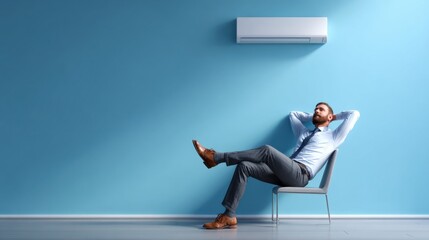 Fototapeta premium Man resting comfortably in a modern chair against a blue wall in a relaxed indoor environment