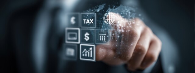 Business professional interacts with digital financial interface while managing taxes and data in modern office environment