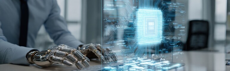 Robotic hand interacts with digital interface in modern workspace during daytime