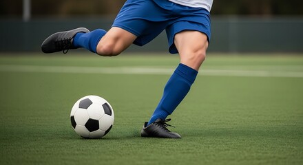 Soccer player kicking ball on green field professional football athlete in action training game sport