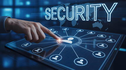 Cybersecurity network protection and data privacy concept with hand touching interface on screen