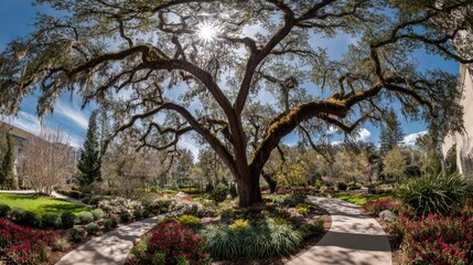 Wide shot of a sprawling oak tree in a manicured garden. Sunlight streams through the canopy