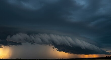 Fototapeta premium A severe storm cloud looms over a rural horizon, with rain pouring and a hint of sunset glow