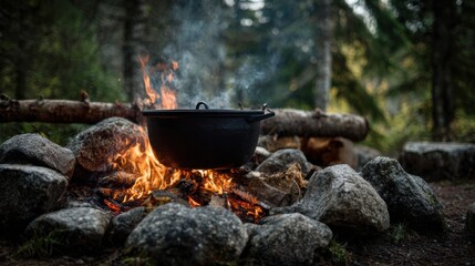 Campfire cooking with a pot over an open flame in a serene forest setting during twilight hours