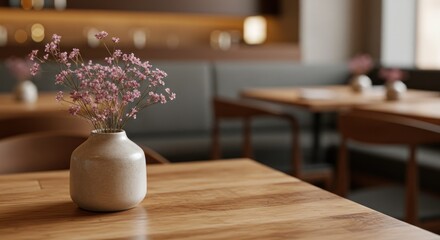 A close-up captures a small, ceramic vase holding pink flowers on a wooden table. Other tables and seating are in the blurred background