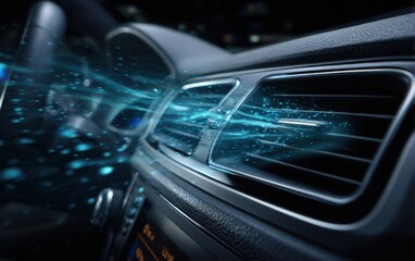 Air flow in a modern car interior demonstrating advanced ventilation technology at night